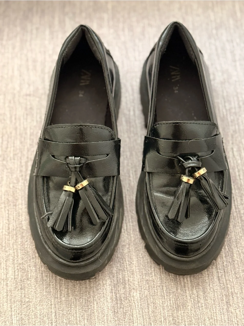Zara Kids- Black Leather Tassel Chunky Lug Sole Loafers